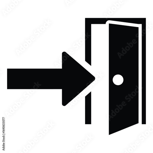 Vector illustration of black arrow pointing towards an open door, isolated on white background