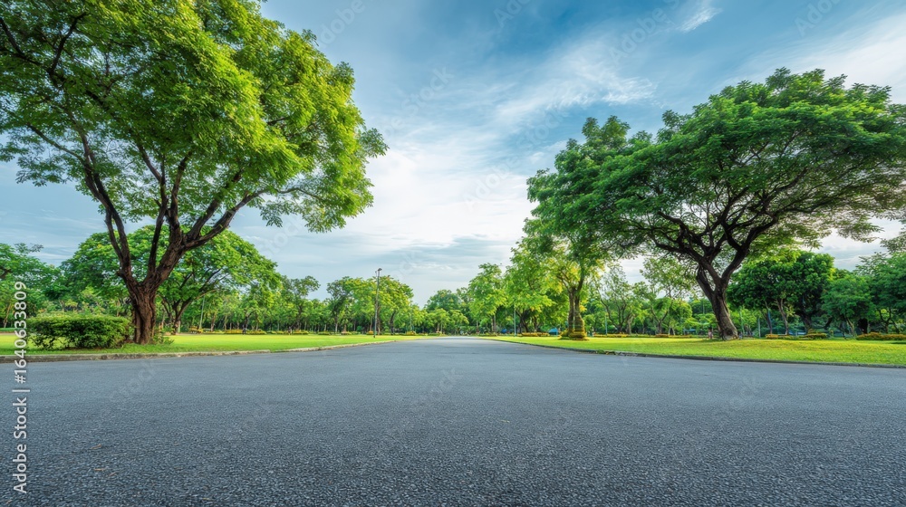 Fototapeta premium Scenic Park Landscape Featuring Lush Green Trees and Open Asphalt Space Under a Bright Sky