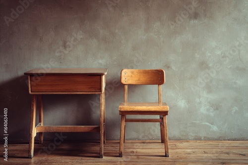 Wallpaper Mural A vintage wooden school desk and chair stand against a textured gray wall set on a wooden floor Torontodigital.ca