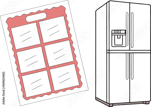 A simple illustration shows a multi door refrigerator with a water dispenser next to a colorful grid style planner with six blank squares for notes or tasks