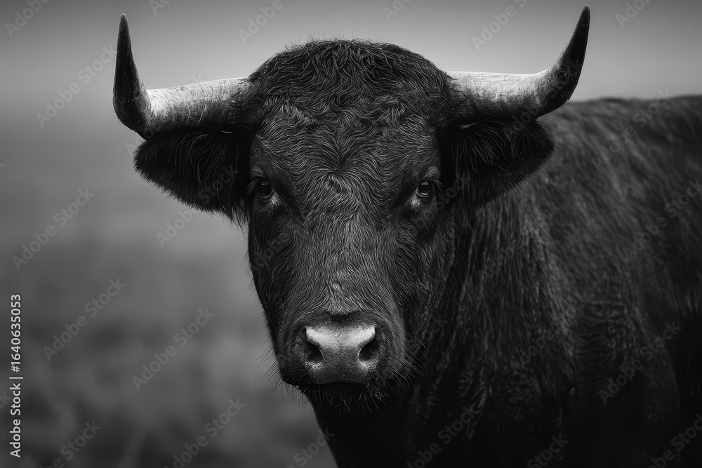 Naklejka premium Black bull standing majestically in a field with soft mist surrounding the area during early morning hours capturing the essence of serene nature in high resolution
