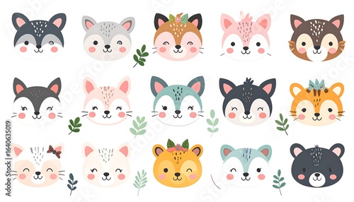 Cute animal faces, floral accents