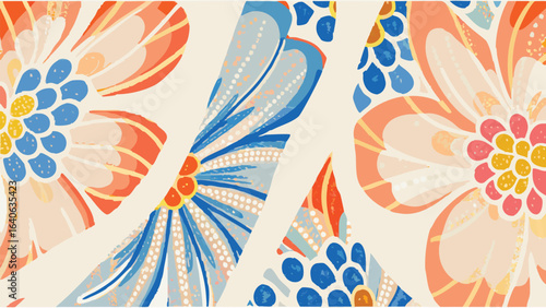 Floral pattern with abstract flowers in shades of blue orange and yellow on a cream colored background