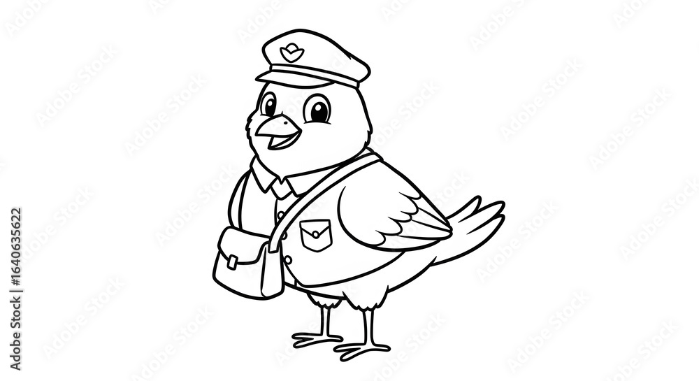 Obraz premium Cartoon Bird Postman Illustration with Uniform and Mailbag Black and White Outline.