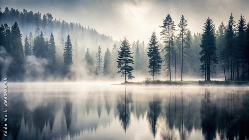 Fototapeta premium Serene Mist-Shrouded Lake with Majestic Pine Trees Reflecting on Calm Waters at Dawn