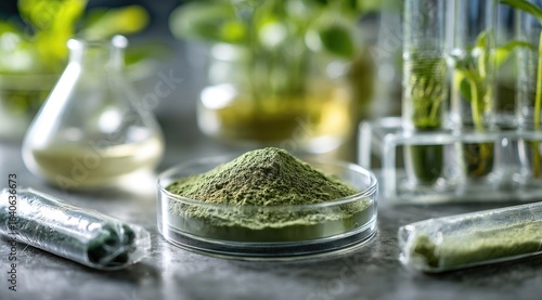 Powdered substance in petri dish, surrounded by lab equipment and plants