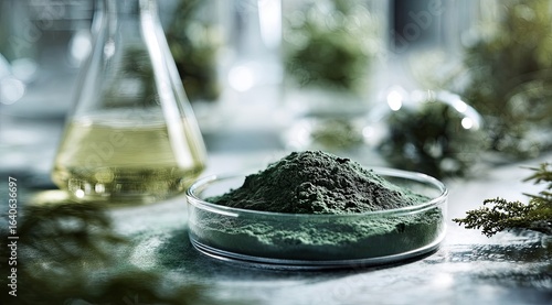 Green powder in petri dish, lab setting (1)