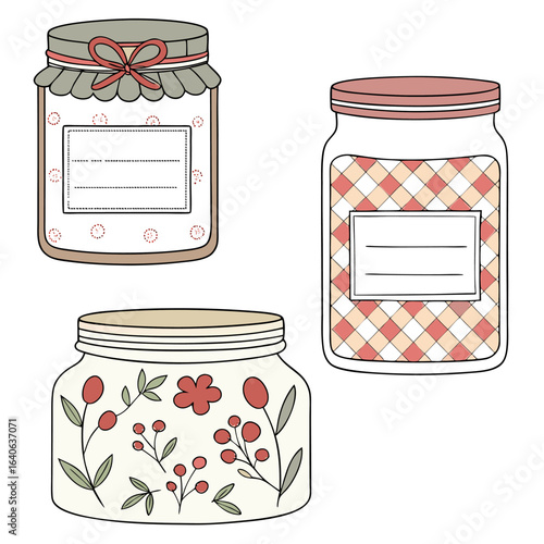 Three charming illustrated jars with decorative labels and lids featuring floral and checkered patterns perfect for crafting or canning