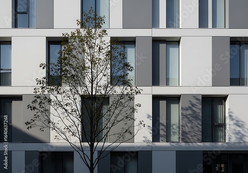 Rhythmic geometry of a modern building facade with a solitary tree providing a natural contrast to the urban architecture
