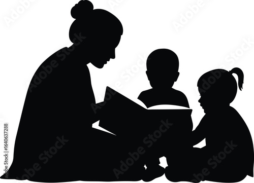 Silhouette of mother reading book to two young children, family bonding, learning together, early education, childhood development, bedtime story, parenting, love, care, nurturing, literacy growth, 