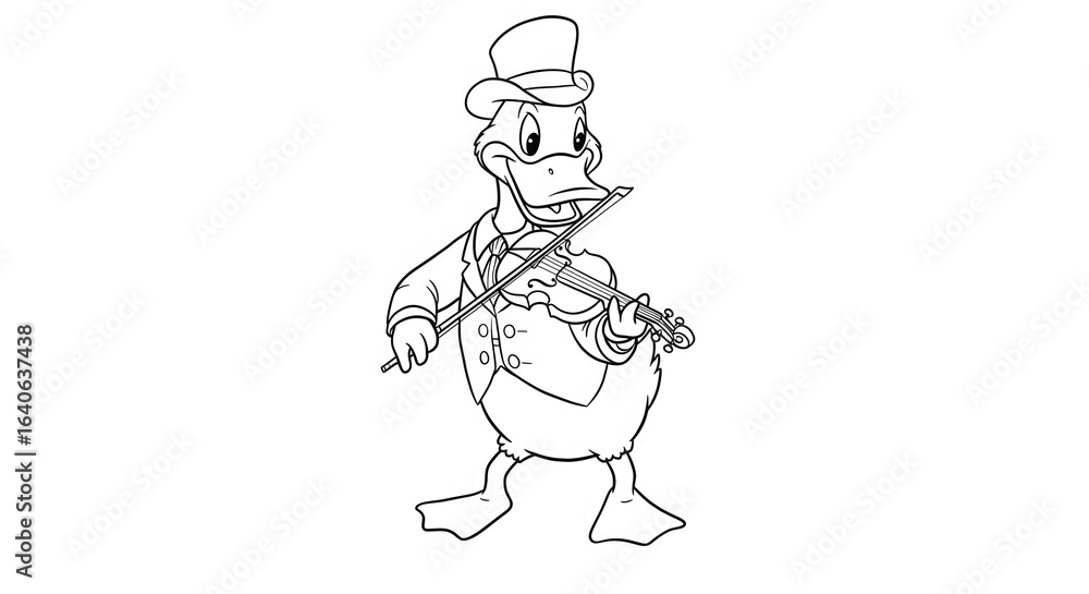 Fototapeta premium Dapper Duck Violinist: A Monochrome Cartoon Illustration.