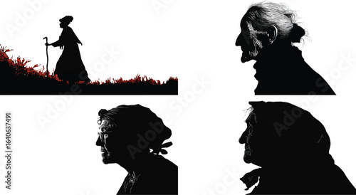 Elderly Silhouette, Portraits, Aging EPS