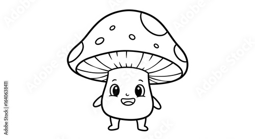 Whimsical Mushroom Character with Spots Smiling Black and White Line Art.