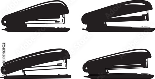 Four black stapler outlines on a white background silhouette