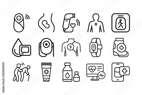 Patient monitoring and treatment outline icon set. Healthcare technology line icon pack. Infant, Pregnancy, Fetal doppler, Posture, Hydration, Activity, UV sensor, Pain monitor, AI Health, Medical