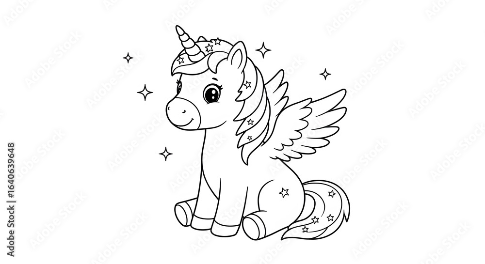 Fototapeta premium Adorable Winged Unicorn: Line Art Coloring Page Magical Creature Whimsical Stars.