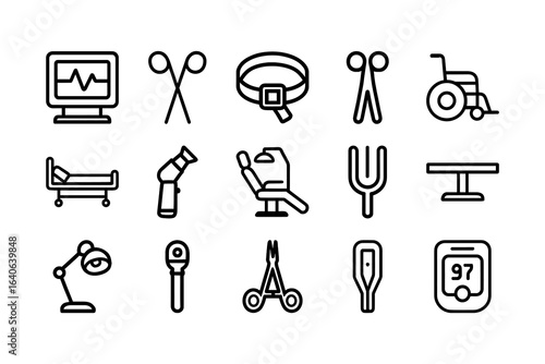 Surgery tools outline icon set. hospital treatment equipment line icon pack. Heart rate, Surgical scissors, Tourniquet, Wheelchair, Hospital bed, Otoscope, Dental chair, Tuning fork, Operating table