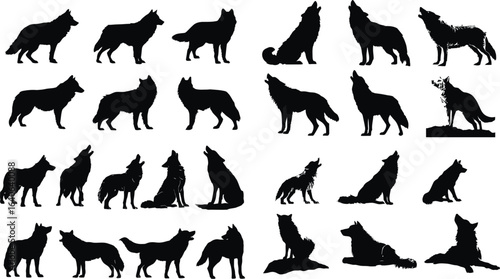 Black Wolf Silhouettes, Howling Poses EPS