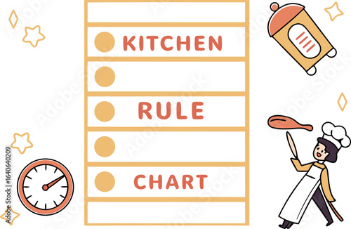Cute illustrated kitchen rule chart with chef and timer perfect for organizing cooking tasks and promoting good kitchen habits