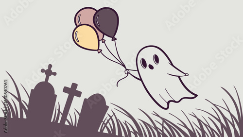 A cute cartoon ghost floats happily through a graveyard holding a bunch of colorful balloons on a light grey background