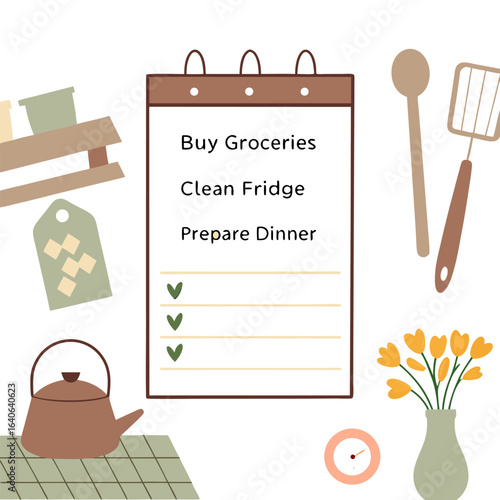 A charming illustration of a kitchen to do list with tasks like buying groceries cleaning the fridge and preparing dinner surrounded by kitchenware and flowers