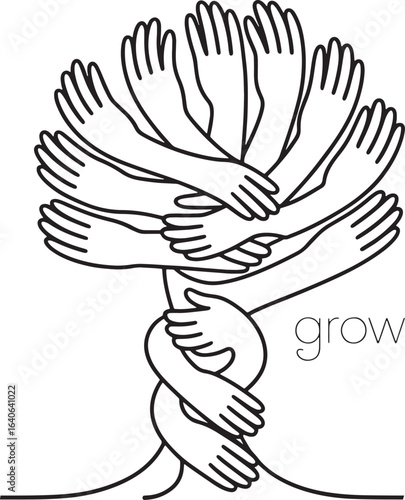 Tree of hands symbolizing unity and growth silhouette line art illustration stock photos royalty free image premium quality