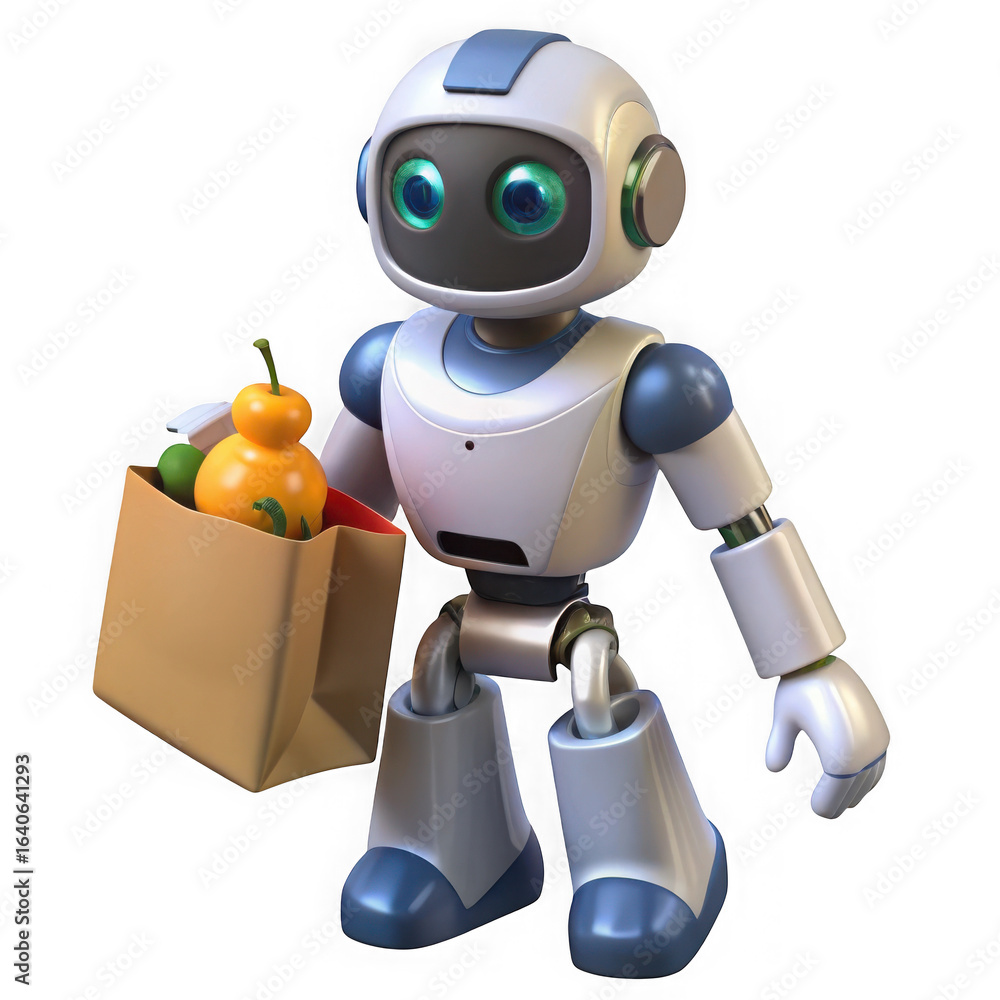 Naklejka premium Friendly robot carrying a grocery bag filled with fresh produce