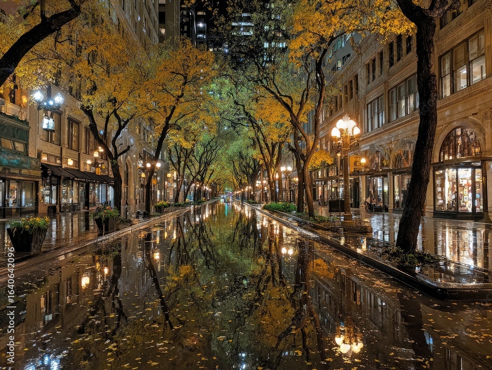 Fototapeta premium Autumn Reflection on Wet Urban Street
