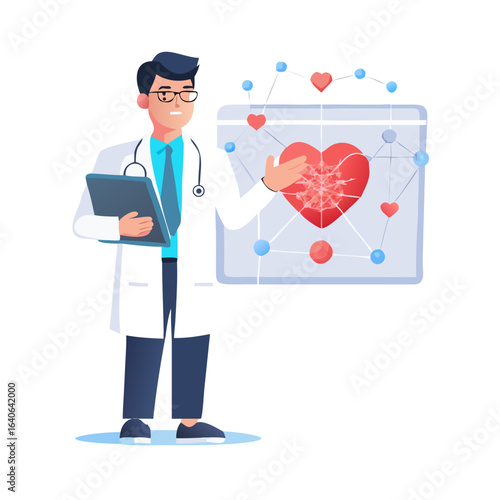 Medical doctor holding a red heart shape with medical network connection and modern virtual screen interface in laboratory, healthcare technology, cardiology, innovation See Less