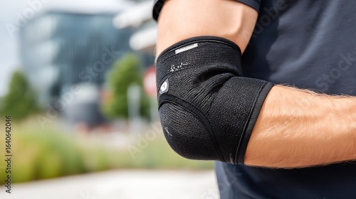 Close-up view of a person's arm with a black elbow brace, outdoors.