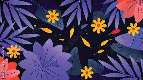 Wallpaper Mural Illustration of vibrant flowers and leaves in shades of purple orange and yellow on a dark background Torontodigital.ca