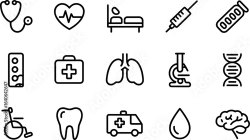 Collection of medical and healthcare icons representing various aspects of health and science