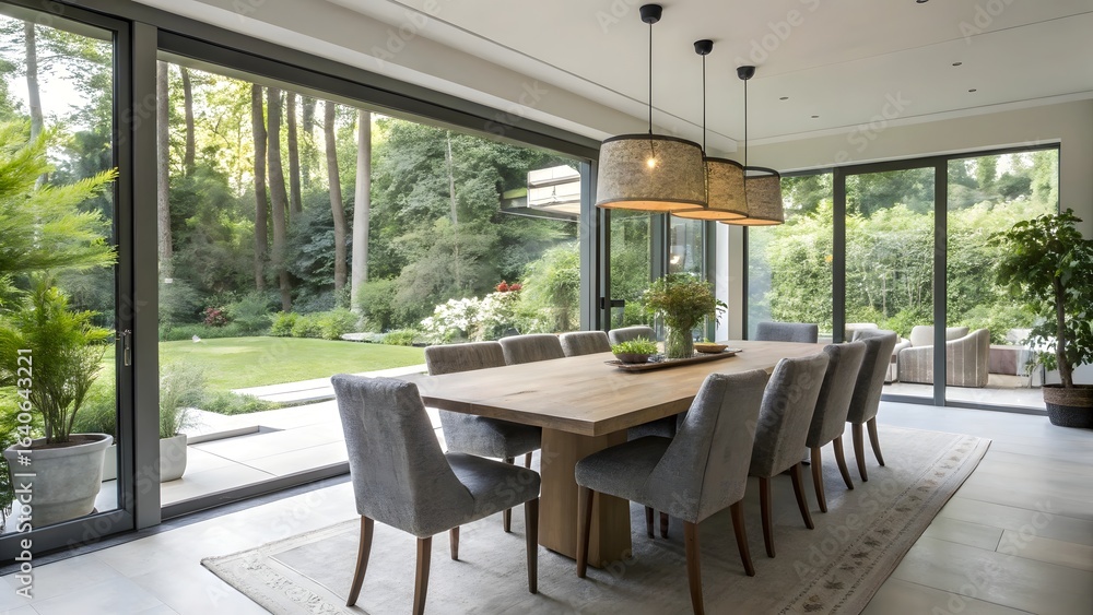 Obraz premium Elegant Dining Room with Large Windows Overlooking Garden and Modern Pendant Lighting