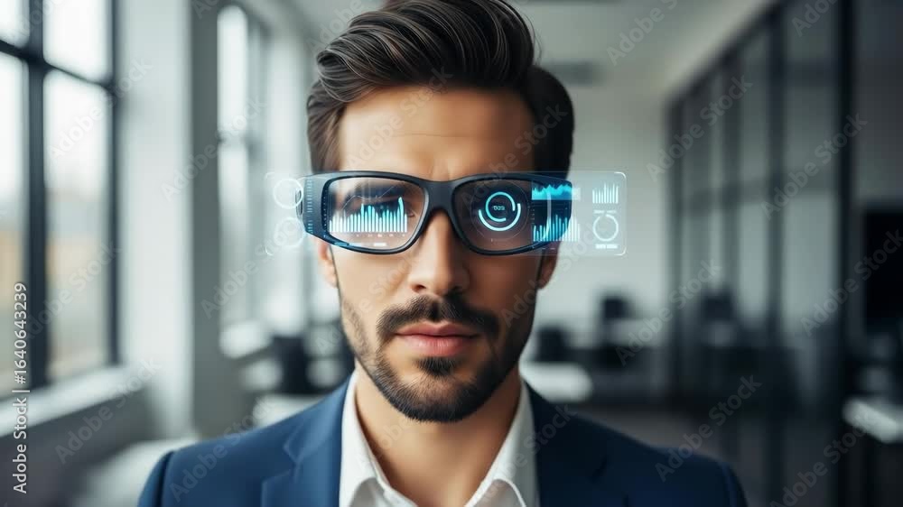 Vidéo Stock Businessman Using Futuristic Smart Glasses with Data ...