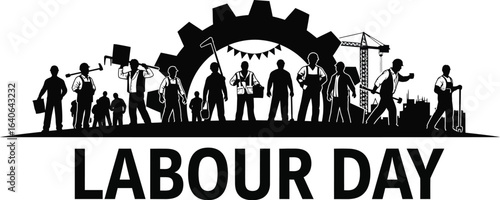 Celebrate Labor Day with strong workers and industrial gear silhouette