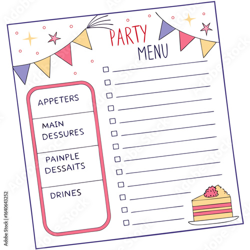 A festive party menu planner with sections for appetizers main courses desserts and drinks adorned with colorful bunting and a slice of cake