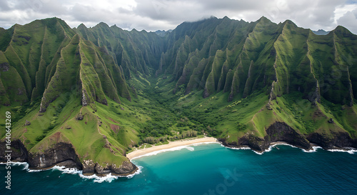 stunning panoramic view of lush green mountains and crystal blue ocean