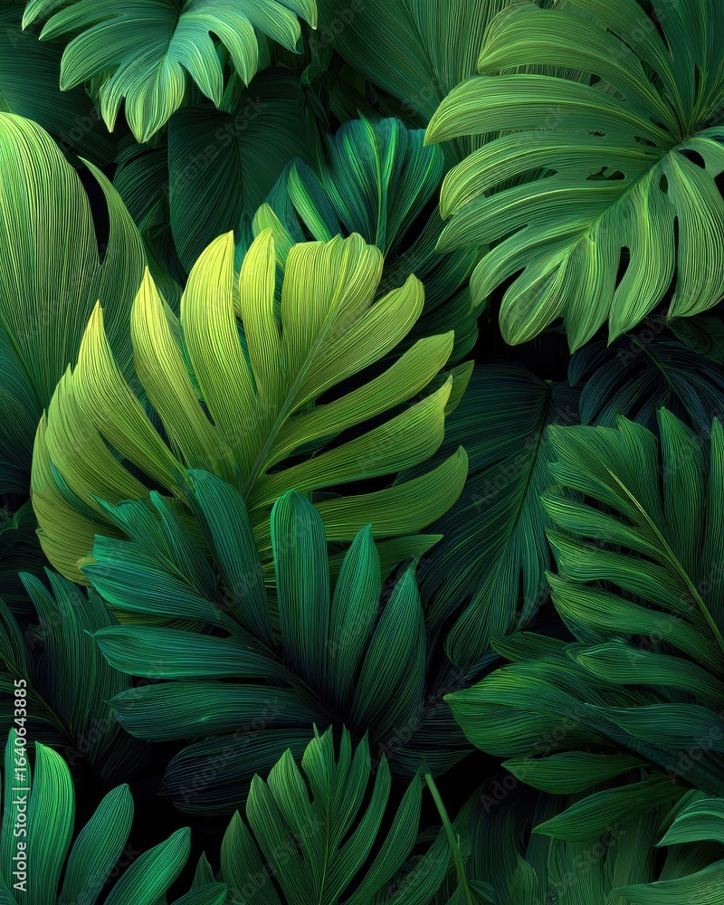 Obraz premium Lush tropical leaves densely packed, vibrant greens and yellows