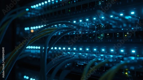 Examining Server Cables and Lights in Data Center Technology Close Up