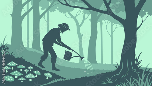 A solitary gardener in a serene forest silhouette waters a patch of ground surrounded by whimsical mushrooms and towering trees under a soft green sky