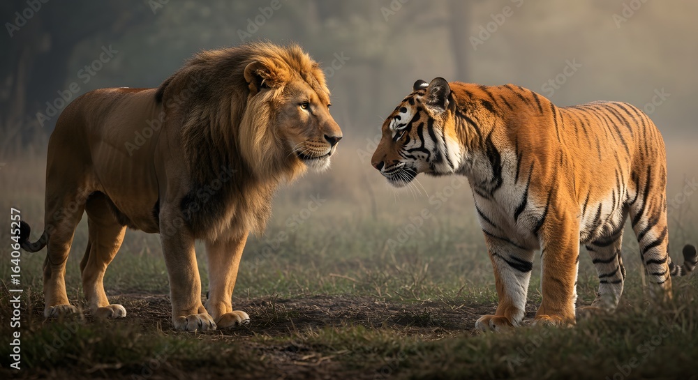 Obraz premium Lion and Tiger Standing Face to Face Dramatic Confrontation Majestic Big Cats Wildlife Power