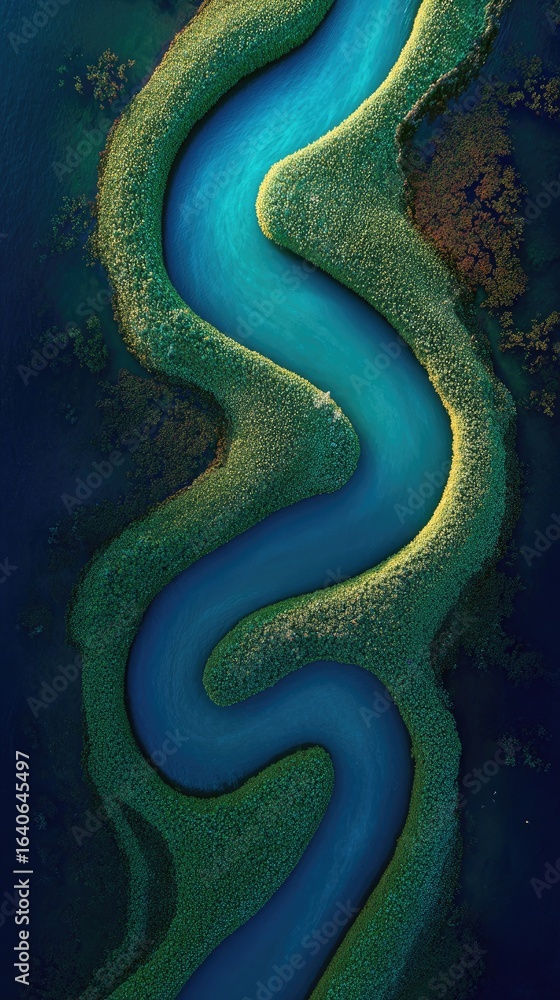 Fototapeta premium Aerial view of a winding river, vibrant blue, through lush green landscape