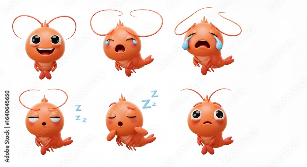 Naklejka premium Cartoon shrimp characters with different expressions