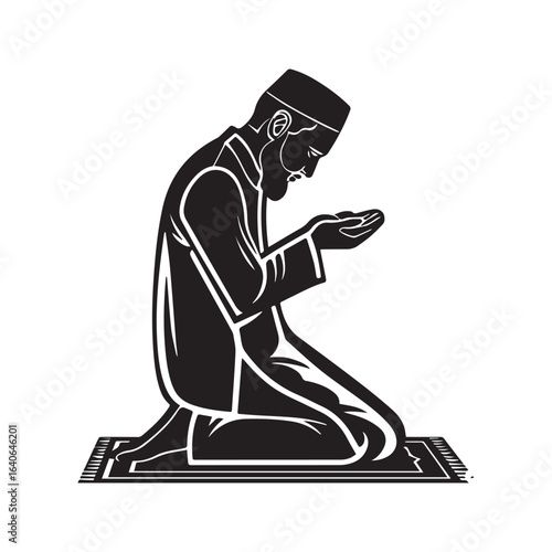 Silhouette of a Muslim man praying, kneeling on a prayer mat. Islamic worship, Salah, and Dua vector icon for Ramadan.
