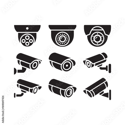 Collection of security camera icons in black and white
