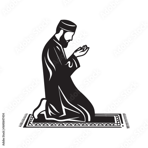 Silhouette of a Muslim man praying, kneeling on a prayer mat. Islamic worship, Salah, and Dua vector icon for Ramadan.
