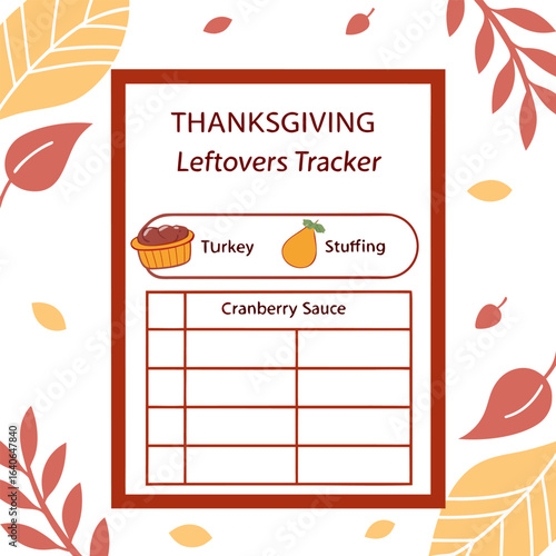 A thanksgiving leftovers tracker chart featuring turkey stuffing and cranberry sauce with autumn leaf decorations for organizing holiday meals