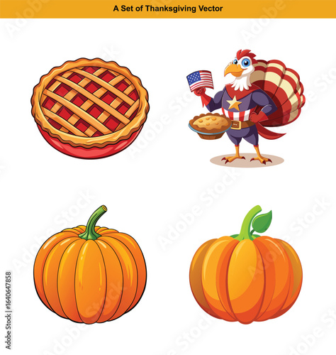 Colorful Thanksgiving vector illustration with pie, Thanksgiving Day  pumpkins and super turkey patriot