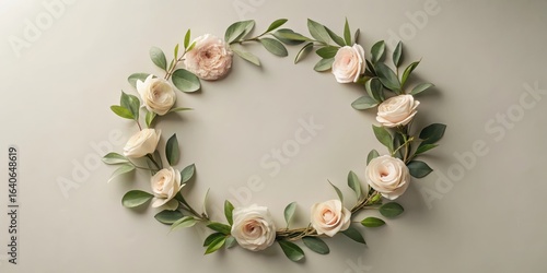 Elegant floral arrangement forming a delicate circle with soft pastel roses and lush greenery, ideal for design projects or as a beautiful decorative element.