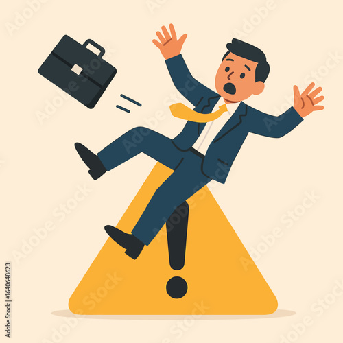Stressed Businessman Falling, Job Loss, Uncertainty, Cartoon Illustration, Vector Graphic, Warning Sign